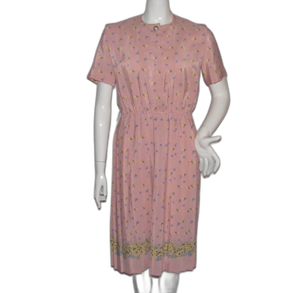 LESLIE FAY Dress, 6P, Petite, Pink, Pleated Skirt, Floral, Short Sleeve VINTAGE